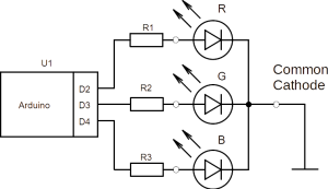  Connection of RGB common cathode LED to Arduino