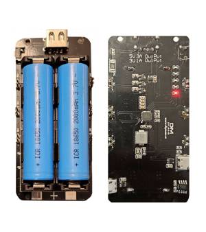  Integrated power module (BMS) with charger, discharging protection and voltage stabiliser for 3.3V and 5V rails. 2x18650 cells