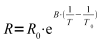 The relation between temperature and resistance of a NTC thermistor.